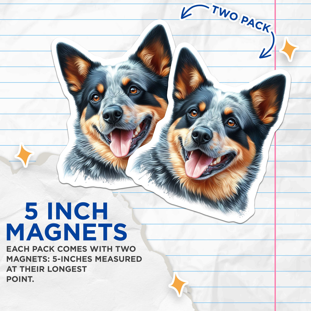 (2 Pack) Australian Cattle Dog Magnets - Blue Heeler Dog Lover - Pet Owner Refrigerator Decor - 5 Inches On Longest Side - Thick Durable Magnet - Made in USA - MAG38354