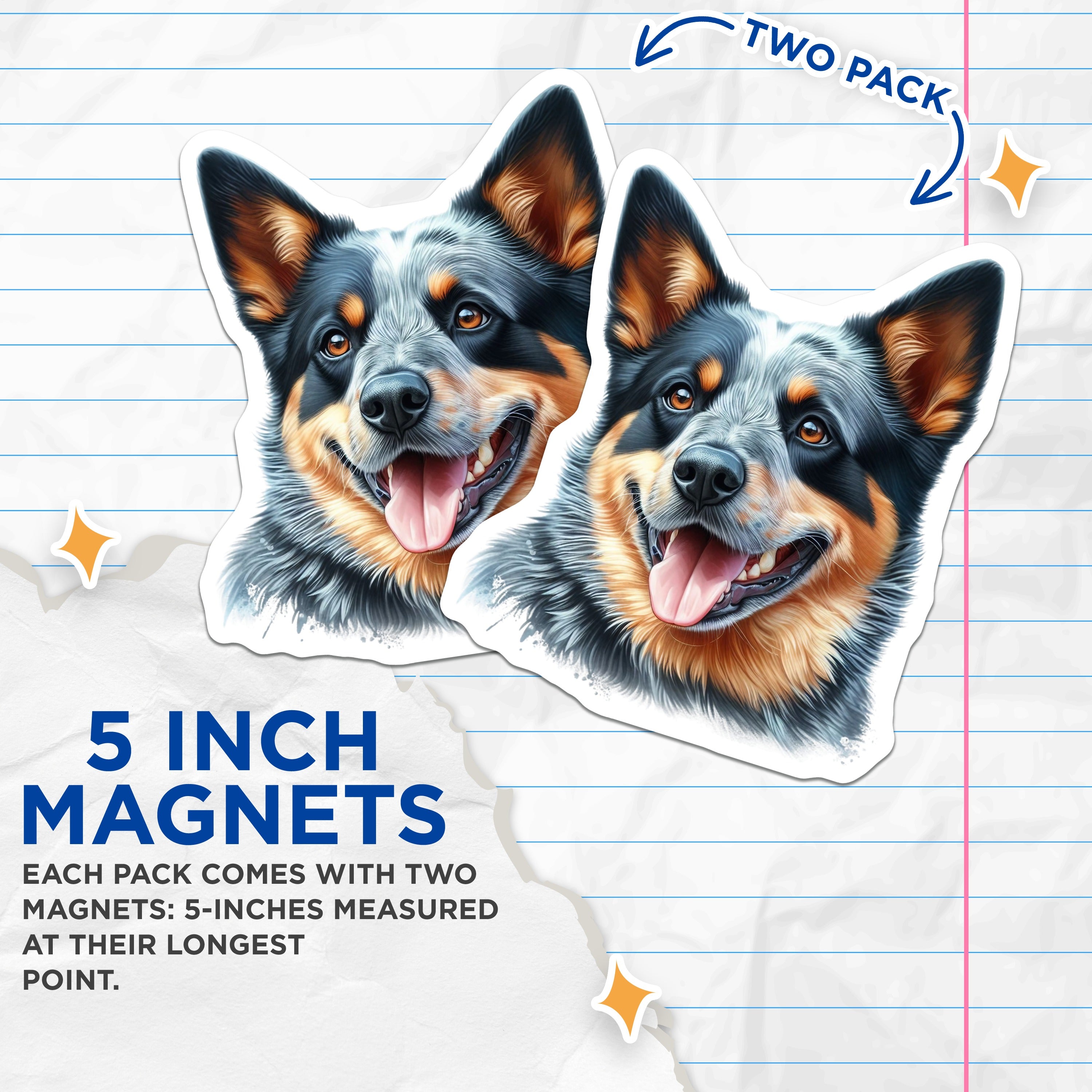 (2 Pack) Australian Cattle Dog Magnets - Blue Heeler Dog Lover - Pet Owner Refrigerator Decor - 5 Inches On Longest Side - Thick Durable Magnet - Made in USA - MAG38354