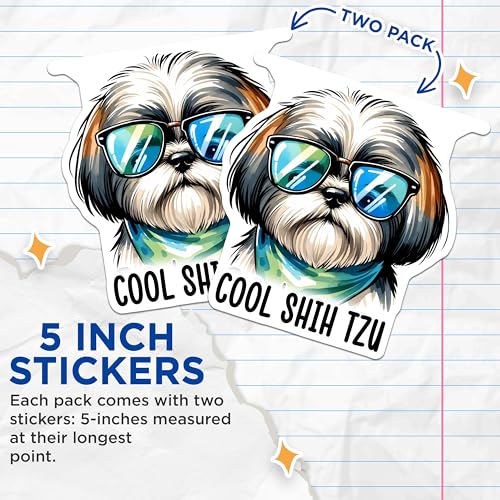 (2 Pack) Cool Shih Tzu Dog Stickers - Shih Tzu Dog Meme - Fun Dog Lover Stickers - 5" On Longest Side - Sticks to Smooth Flat Surfaces - Made in USA - BMCS3635