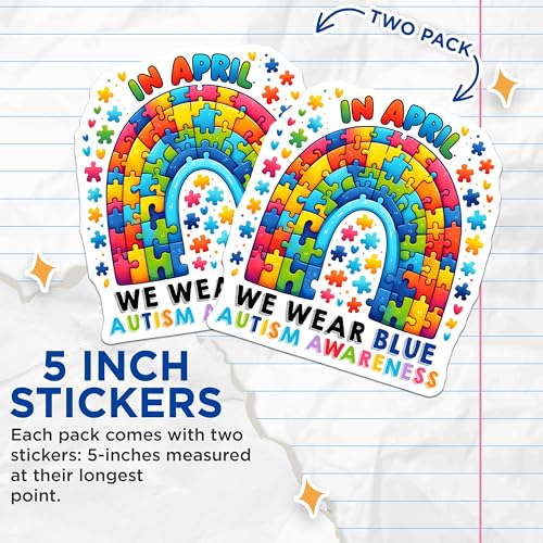 (2 Pack) Autism Awareness Stickers - Colorful Puzzle Piece Stickers - Blue We Wear Blue Stickers - 5" On Longest Side - Sticks to Any Smooth Flat Surface - Made in USA - BMCS3207