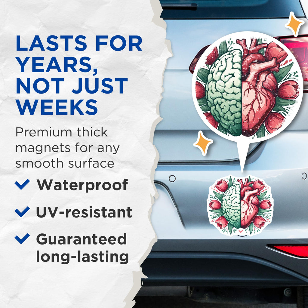 (2 Pack) Brain Heart Magnets - Mind Emotion Harmony Art - Human Anatomy Flora Decor - Conceptual Wellbeing Visual - 5 Inches On Longest Side - Thick Durable Magnet - Made in USA - MAG19773