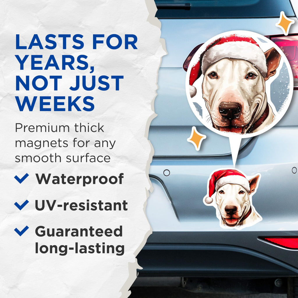 (2 Pack) Bull Terrier Santa Hat Magnets - Christmas Dog Refrigerator Decor - Holiday Pet Animal Art - 5 Inches On Longest Side - Thick Durable Magnet - Made in USA - MAG25679