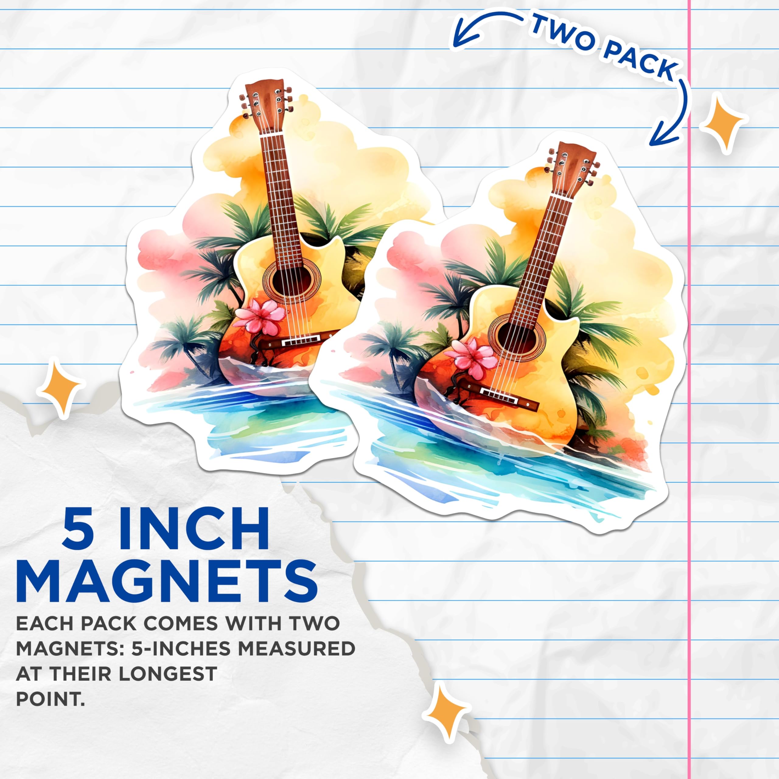 (2 Pack) Tropical Guitar Magnets - Beach Music Decor - Hawaiian Island Vibes Instrument - 5 Inches On Longest Side - Thick Durable Magnet - Made in USA - MAG21500