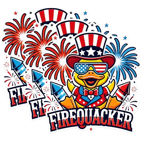 (3 Pack) Firequacker Decals - Patriotic Duck - 4th of July Decals - 3 Inches On Longest Side - Easy Peel & Apply - Made in USA - 3MCS1542