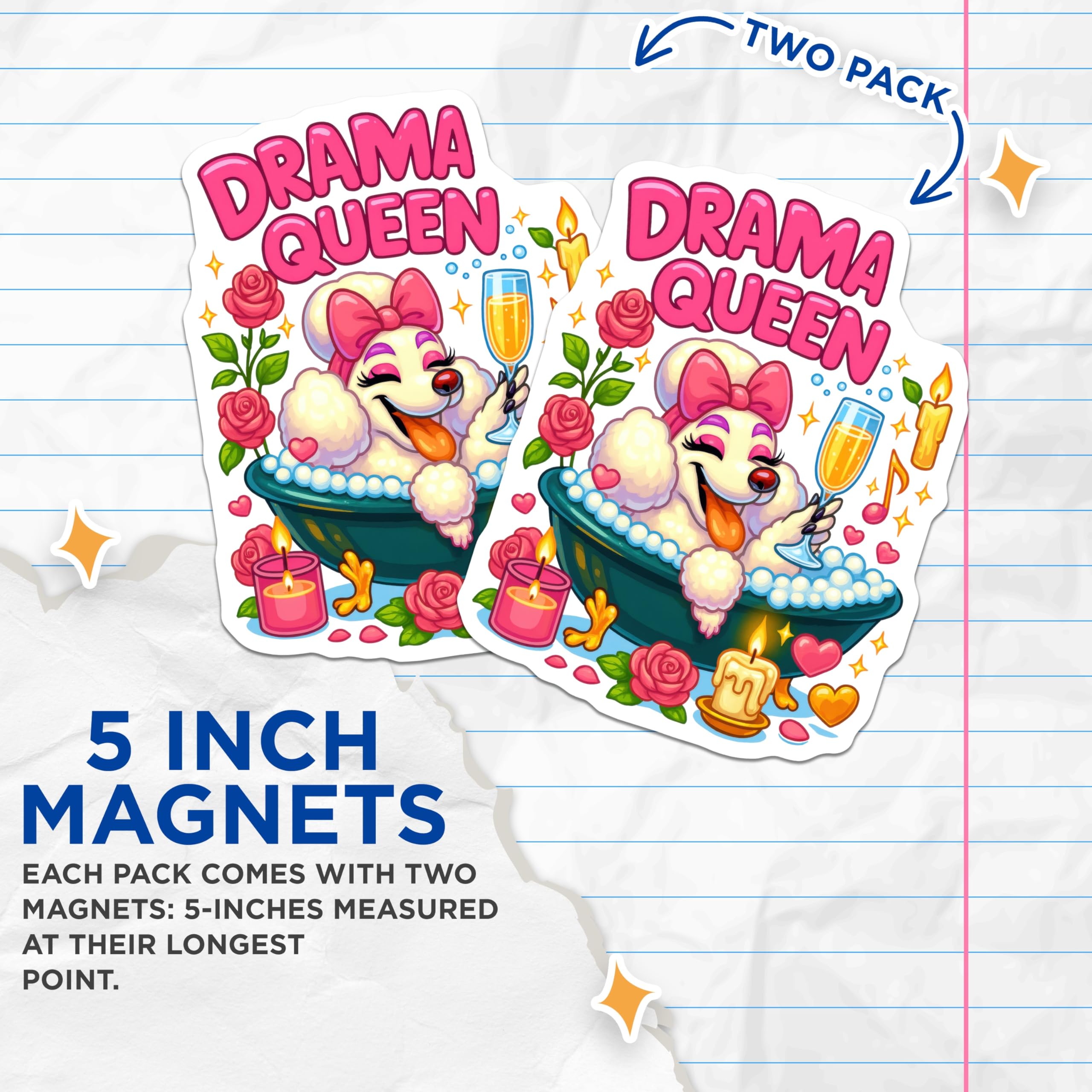 (2 Pack) Drama Queen Poodle Magnets - Pampered Dog Decor - Funny Bathtime Pet Accessory - 5 Inches On Longest Side - Thick Durable Magnet - Made in USA - MAG22777