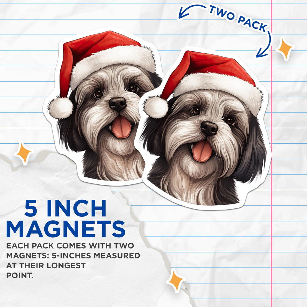 (2 Pack) Shih Tzu Christmas Magnets - Festive Dog Refrigerator Art - Holiday Santa Hat Pet Decoration - 5 Inches On Longest Side - Thick Durable Magnet - Made in USA - MAG24061