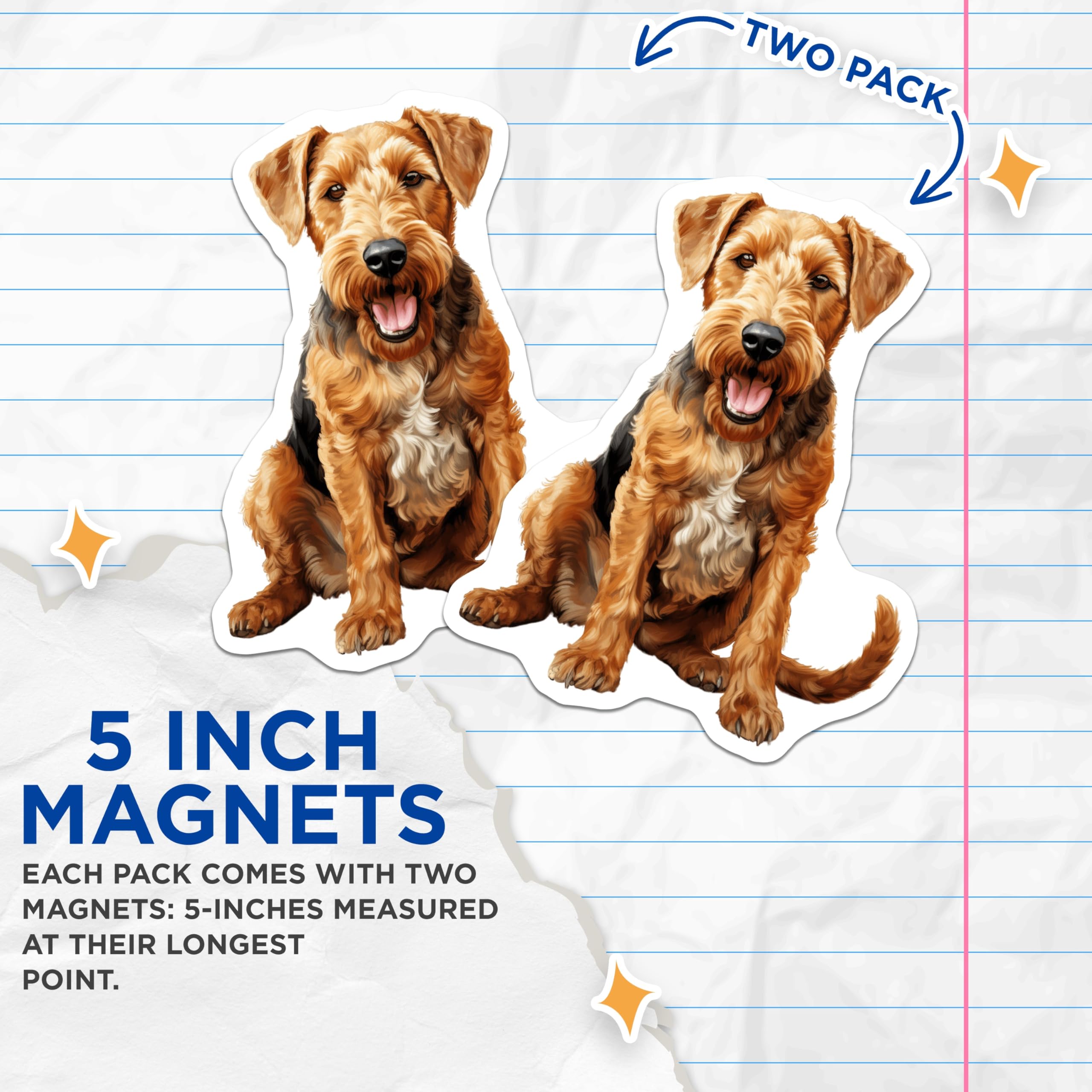 (2 Pack) Airedale Terrier Magnets - Cheerful Dog Breed Art - Pet Lover Refrigerator Decor - Canine Home Accent Display - 5 Inches On Longest Side - Thick Durable Magnet - Made in USA - MAG23945