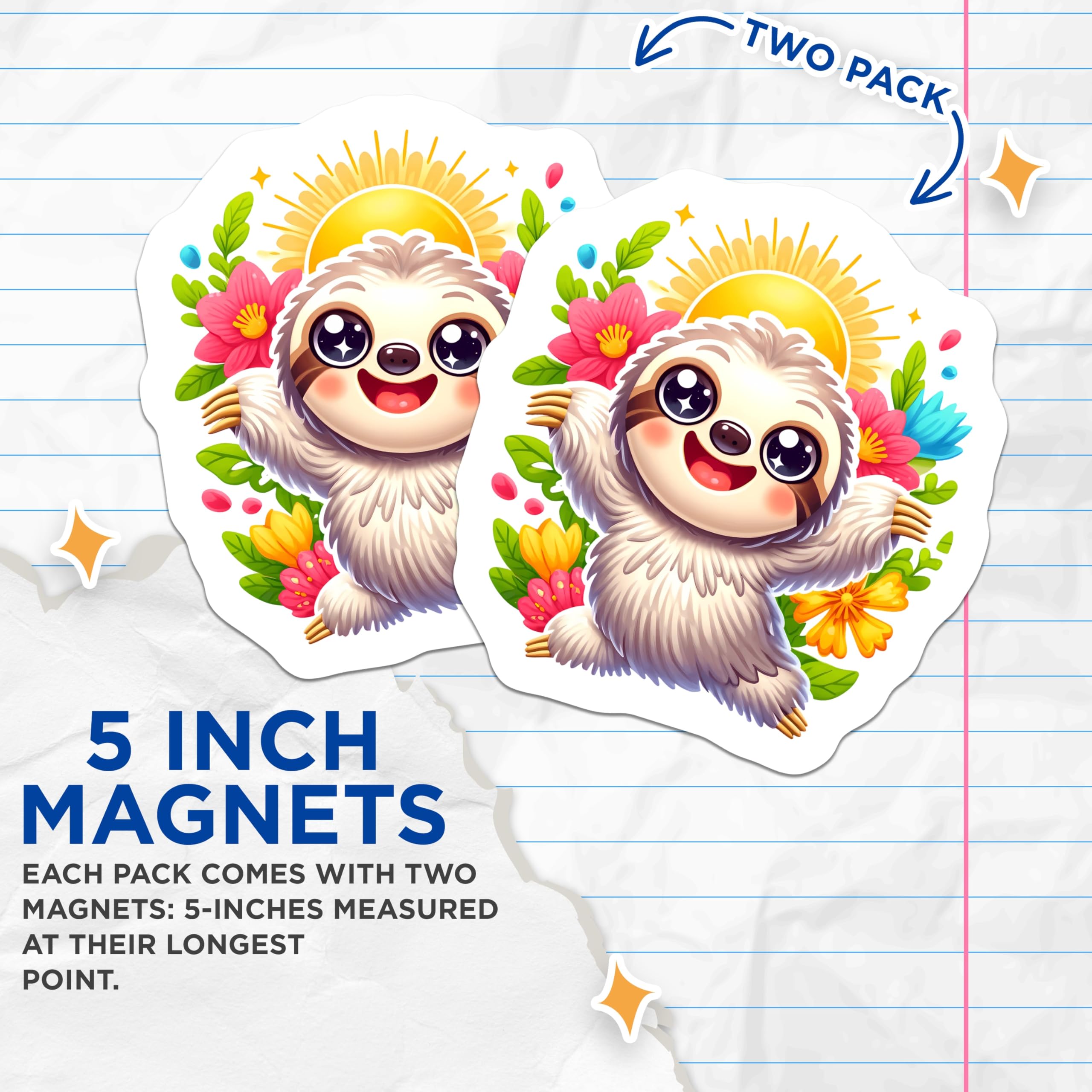 (2 Pack) Cute Sloth Magnets - Happy Tropical Animal Refrigerator Decor - Sunny Floral Kawaii Locker Magnets - 5 Inches On Longest Side - Thick Durable Magnet - Made in USA - MAG20548