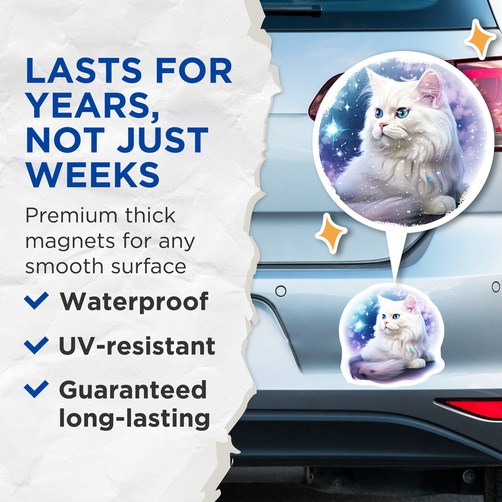 (2 Pack) Magical White Cat Magnets - Blue Eyed Fluffy Kitten - Celestial Starry Animal Decor - Fantasy Art - 5 Inches On Longest Side - Thick Durable Magnet - Made in USA - MAG38860