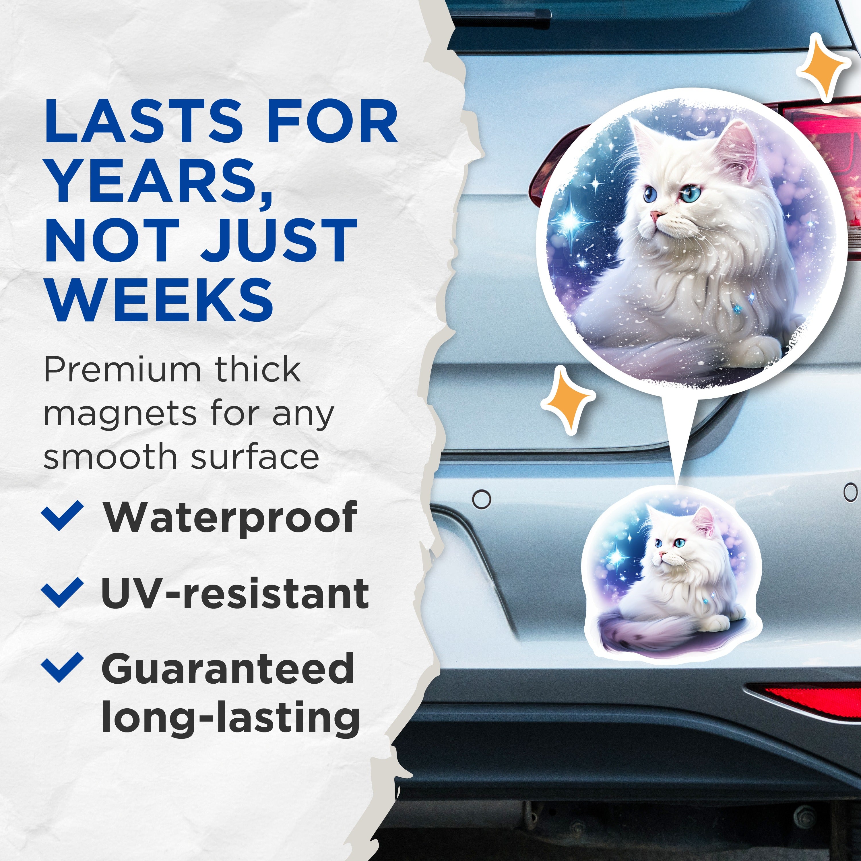 (2 Pack) Magical White Cat Magnets - Blue Eyed Fluffy Kitten - Celestial Starry Animal Decor - Fantasy Art - 5 Inches On Longest Side - Thick Durable Magnet - Made in USA - MAG38860