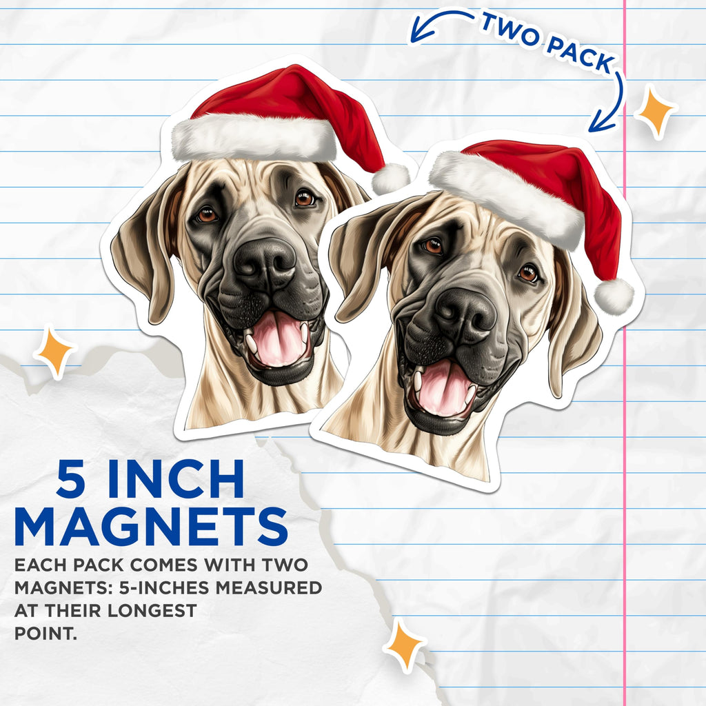 (2 Pack) Christmas Dog Magnets - Santa Hat Pet Decor - Great Dane Lover Refrigerator Art - 5 Inches On Longest Side - Thick Durable Magnet - Made in USA - MAG28178