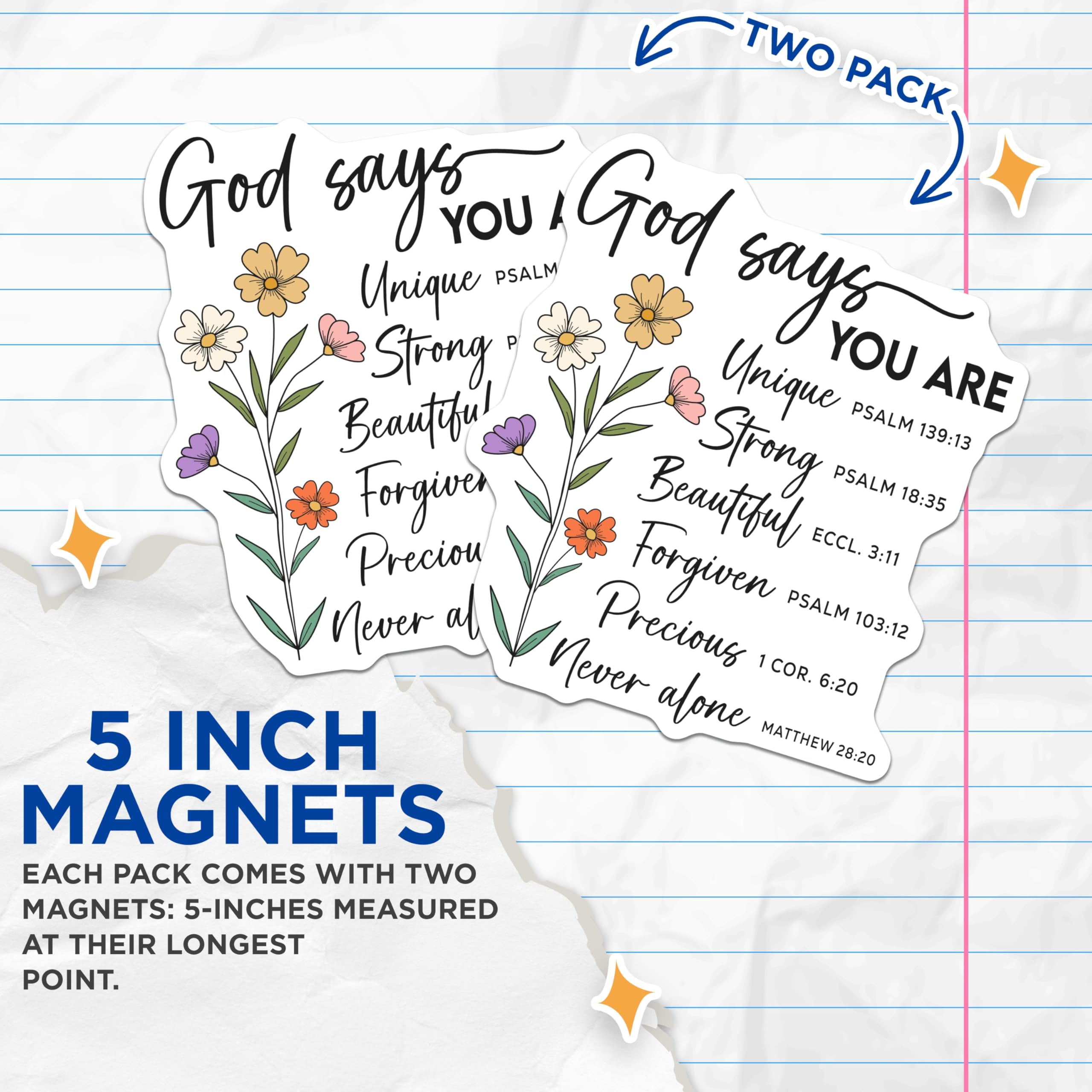 (2 Pack) God Says You are Magnets - Christian Scripture Affirmations - Inspirational Floral Decor - 5 Inches On Longest Side - Thick Durable Magnet - Made in USA - MAG19594