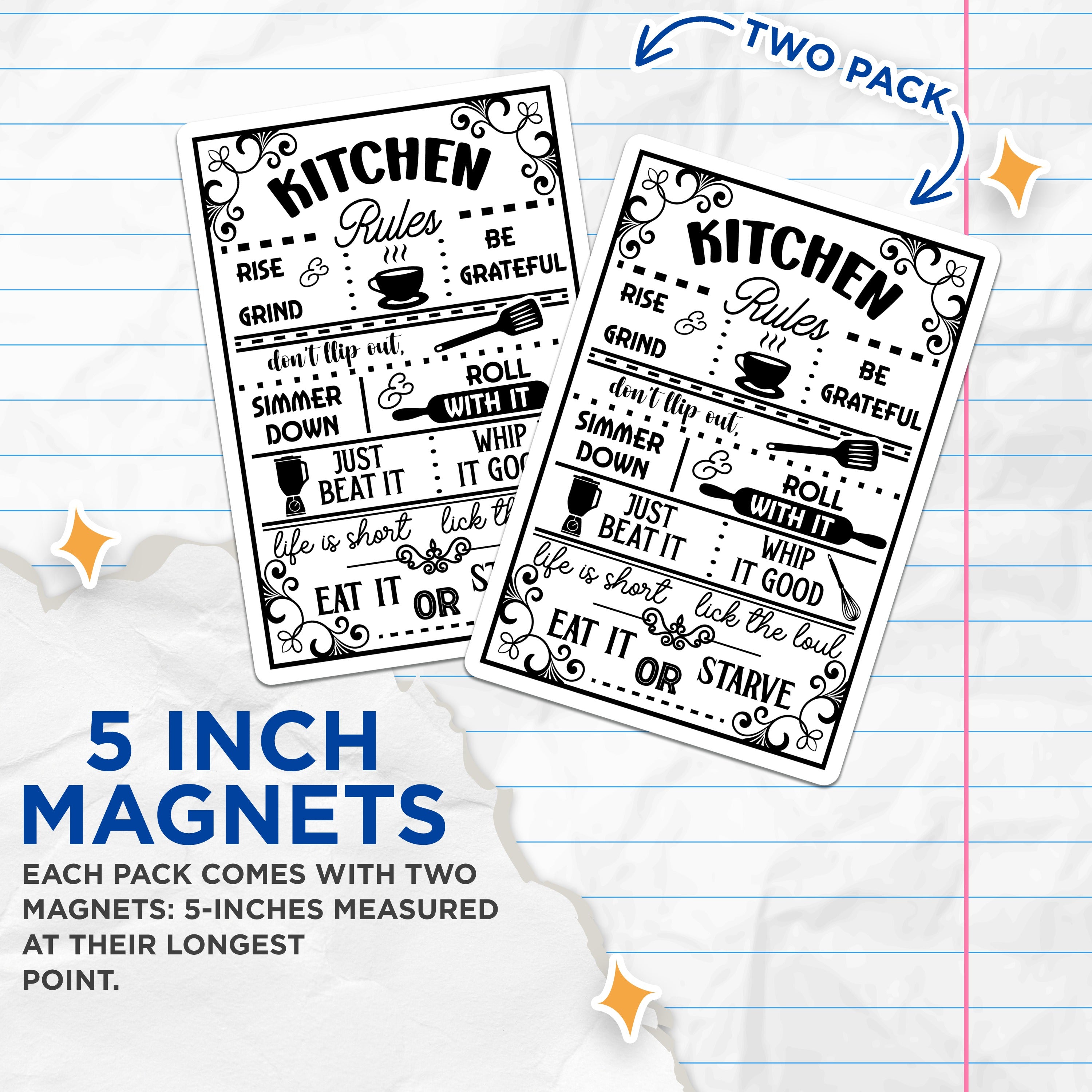 (2 Pack) Kitchen Rules Magnets - Funny Kitchen Decor - Humorous Cooking Sayings - Farmhouse Style Refrigerator Magnets - 5 Inches On Longest Side - Thick Durable Magnet - Made in USA - MAG36993