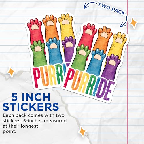 (2 Pack) Purride Cat Paw Stickers - LGBTQ Rainbow Stickers - Pride Paw Stickers - 5" On Longest Side - Sticks to Smooth Flat Surfaces - Made in USA - BMCS9541