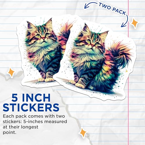 (2 Pack) Cute Cat Stickers - Colorful Kitten Stickers - Anime Cat Artwork Decal - 5" On Longest Side - Sticks to Any Smooth Flat Surface - Made in USA - BMCS3380