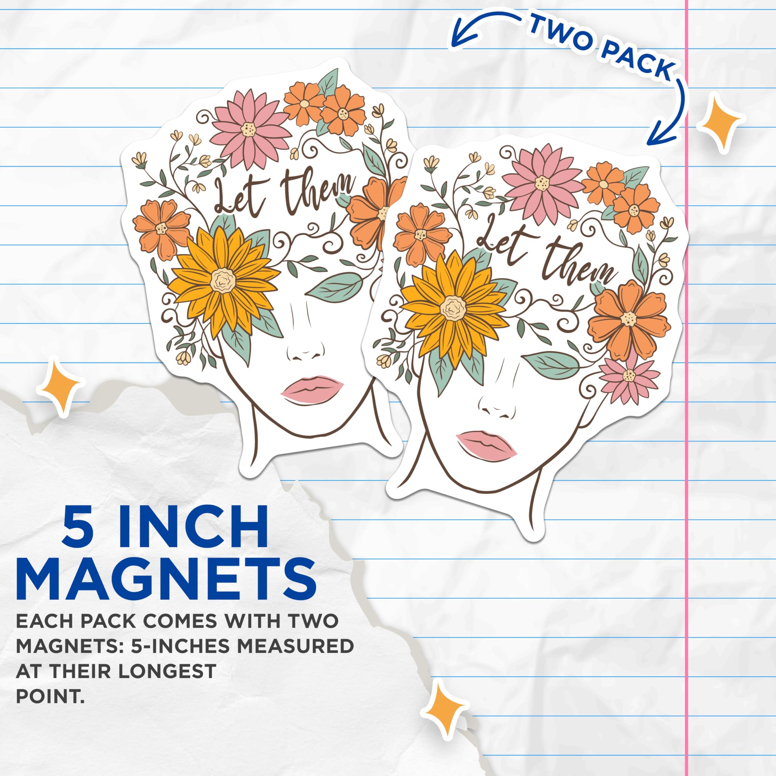 (2 Pack) Floral Woman Face Magnets - Let Them Bloom Decor - Bohemian Style Gift Ideas - 5" On Longest Side - Premium Magnet - for Cars, Refrigerators, Toolboxes, Lockers - Made in USA - MAG18024