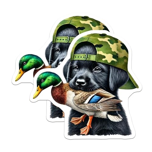(2 Pack) Dog Holding Duck Stickers - Cute Hunting Dog Sticker - Funny Puppy Sticker - 5" On Longest Side - Sticks to Smooth Flat Surfaces - Made in USA - BMCS8663