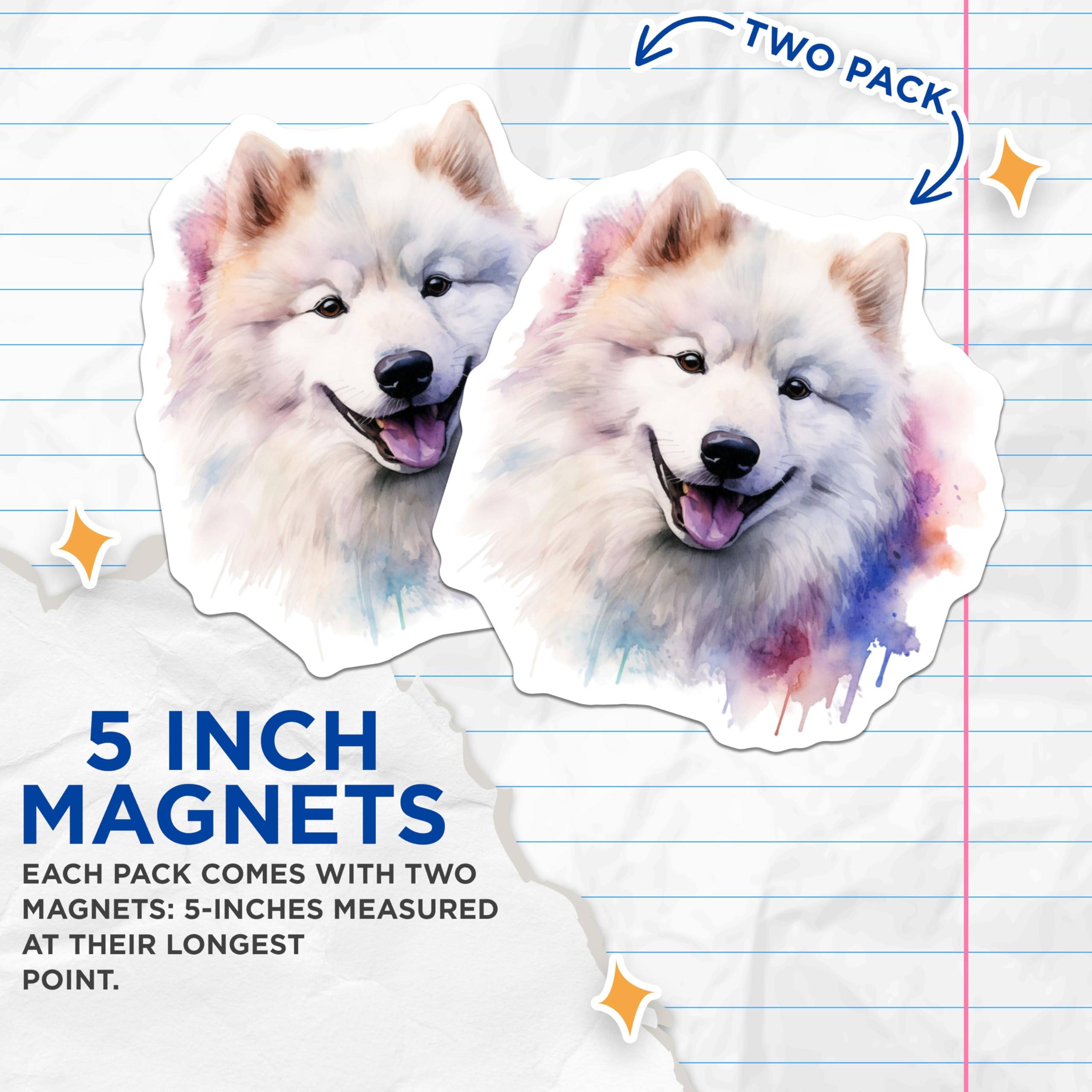 (2 Pack) Samoyed Dog Watercolor Magnets - Happy Pet Artwork - Dog Lover Accessory for Fridge - 5 Inches On Longest Side - Thick Durable Magnet - Made in USA - MAG29249