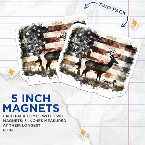 (2 Pack) American Flag Deer Hunting Magnets - Wildlife Art - Patriotic Hunting Decor - 5" On Longest Side - for Cars, Fridges, Toolboxes - Made in USA - MAG6954