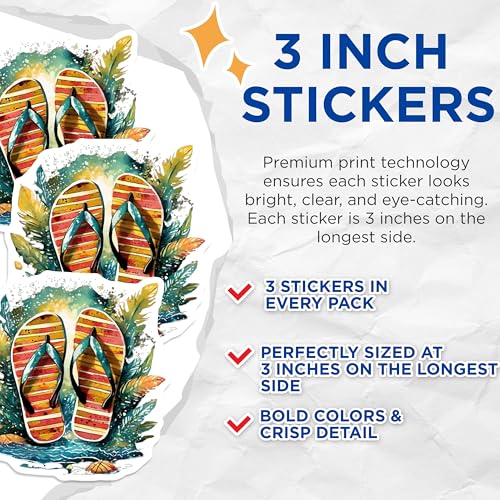 (3 Pack) Flip Flop Decals - Tropical Beach Theme - Summer Vibes Decals - 3 Inches On Longest Side - Easy Peel & Apply - Made in USA - 3MCS8085