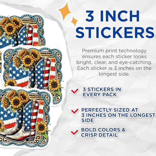 (3 Pack) Cowboy Boots Decals - American Flag - Sunflower Laptop Decal - 3 Inches On Longest Side - Easy Peel & Apply - Made in USA - 3MCS6638
