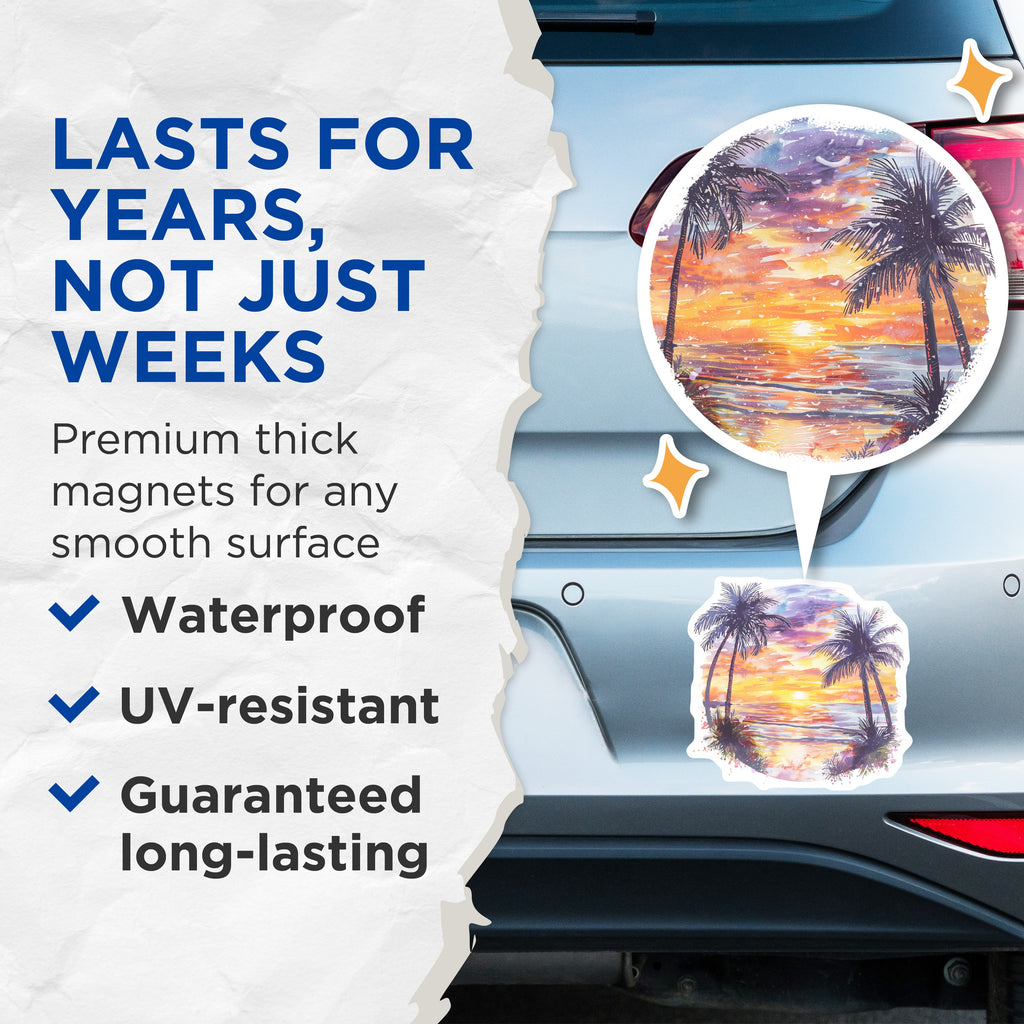 (2 Pack) Tropical Sunset Beach Magnets - Palm Tree Ocean Vacation Decor - Watercolor Coastal Aesthetic Fridge Art - 5 Inches On Longest Side - Thick Durable Magnet - Made in USA - MAG39595