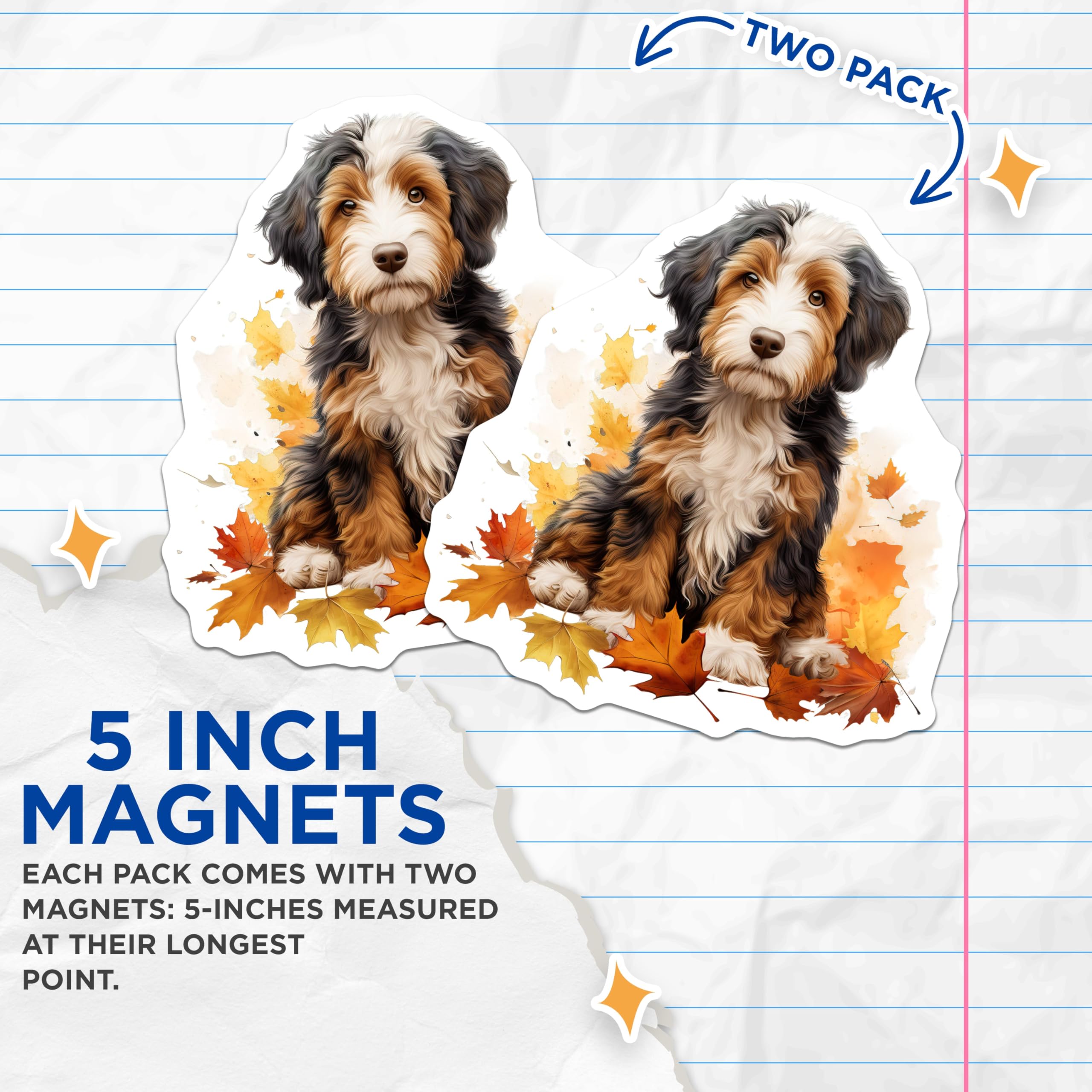 (2 Pack) Bernedoodle Puppy Magnets - Fall Autumn Decor - Dog Lover Home Accent - 5 Inches On Longest Side - Thick Durable Magnet - Made in USA - MAG30271