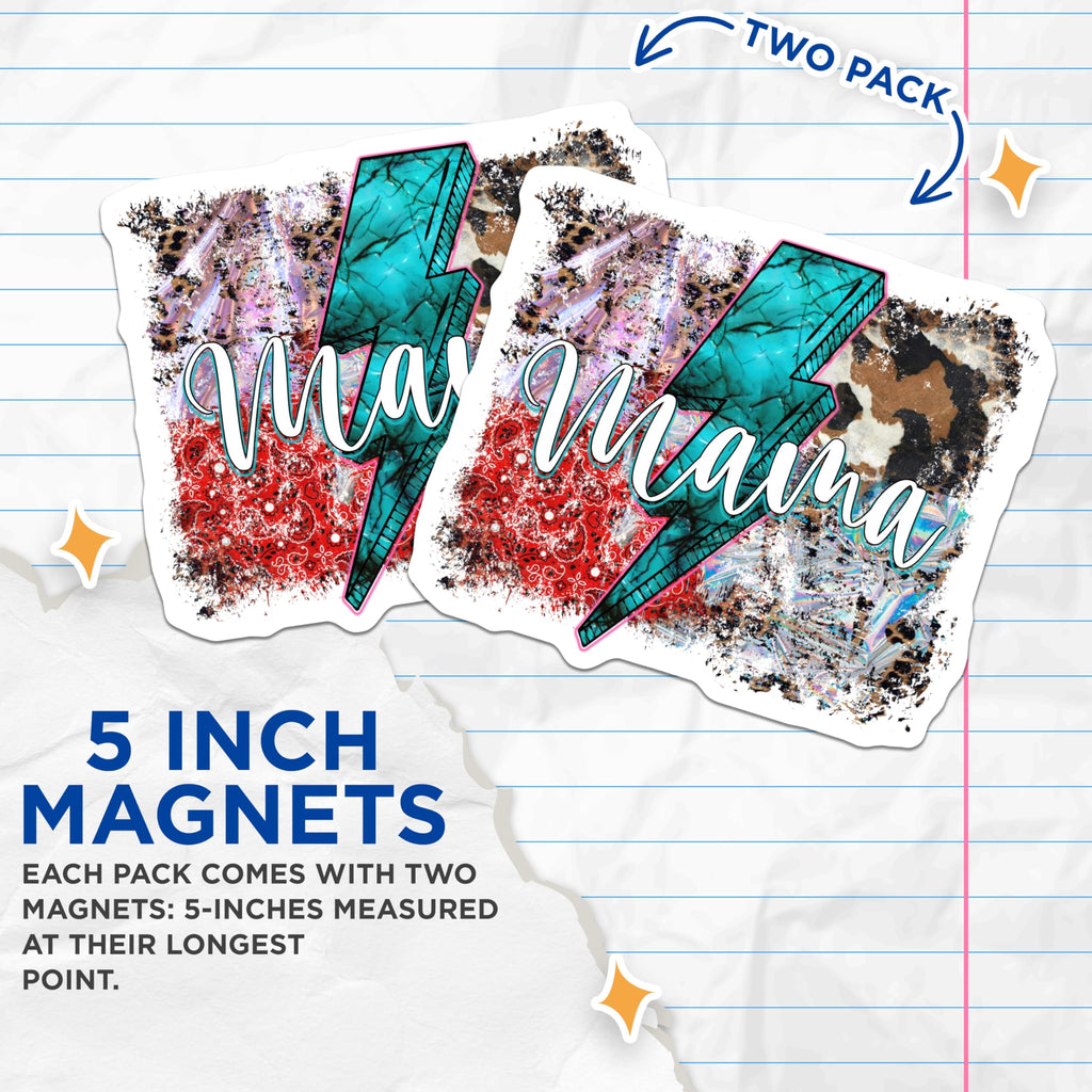 (2 Pack) Mama Lightning Bolt Magnets - Boho Western Style - Mom Life Decor - 5 Inches On Longest Side - Thick Durable Magnet - Made in USA - MAG25851