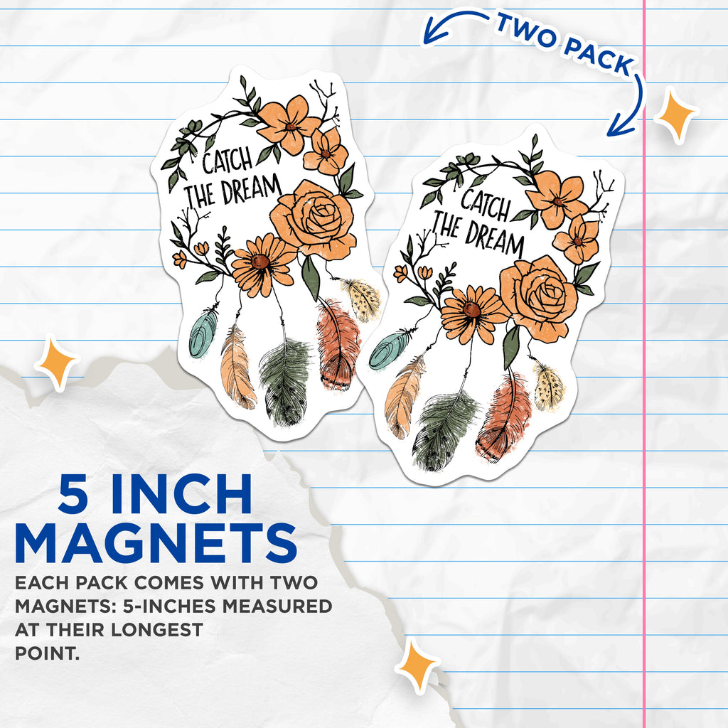 (2 Pack) Catch The Dream Magnets - Boho Floral Magnet - Feather Inspirational Decor - 5 Inches On Longest Side - Thick Durable Magnet - Made in USA - MAG38679