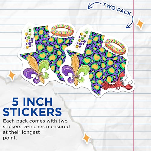 (2 Pack) Mardi Gras Texas State Stickers - Louisiana Fleur De Lis - King Cake Crawfish Stickers - 5" On Longest Side - Sticks to Smooth Flat Surfaces - Made in USA - BMCS4138