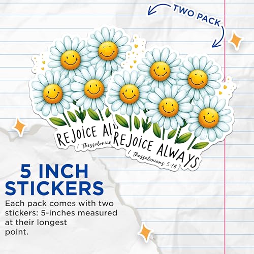 (2 Pack) Rejoice Always Stickers - Inspirational Floral Stickers - Bible Verse Sticker Set - 5" On Longest Side - Sticks to Any Smooth Flat Surface - Made in USA - BMCS2829