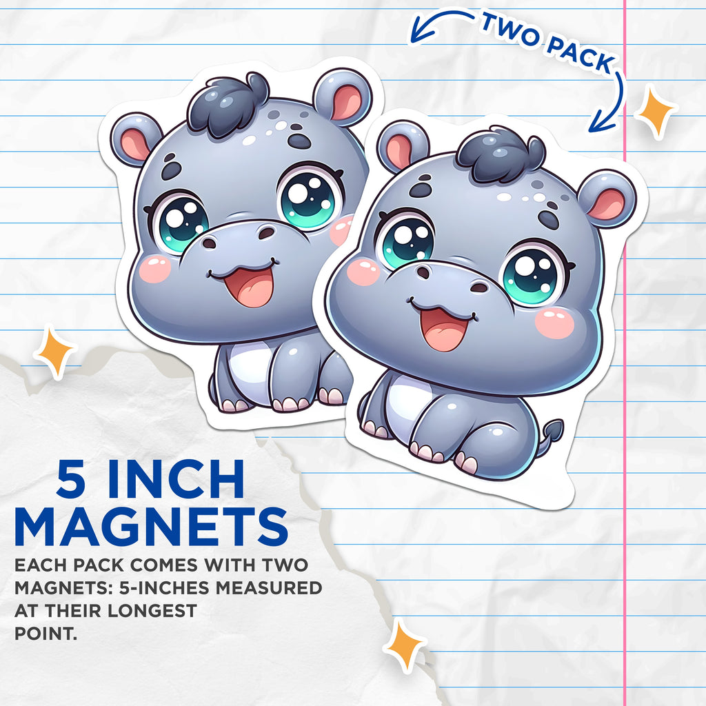 (2 Pack) Cute Baby Hippo Magnets - Kawaii Animal Fridge Decor - Nursery Locker Refrigerator Accessories - 5 Inches On Longest Side - Thick Durable Magnet - Made in USA - MAG38953