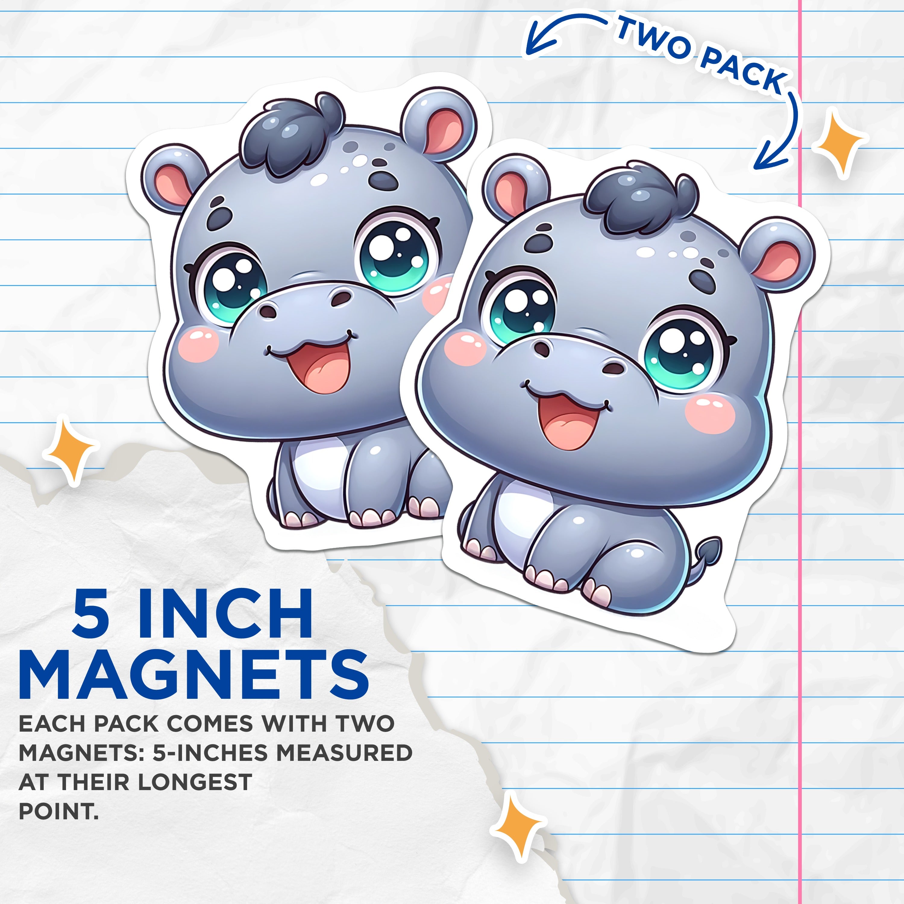 (2 Pack) Cute Baby Hippo Magnets - Kawaii Animal Fridge Decor - Nursery Locker Refrigerator Accessories - 5 Inches On Longest Side - Thick Durable Magnet - Made in USA - MAG38953