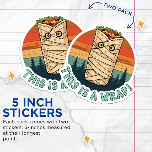 (2 Pack) Funny Food Stickers - This is a Wrap - Retro Food Meme - Cute Burrito - Food Lovers - 5" On Longest Side - Sticks to Smooth Flat Surfaces - Made in USA - BMCS5521