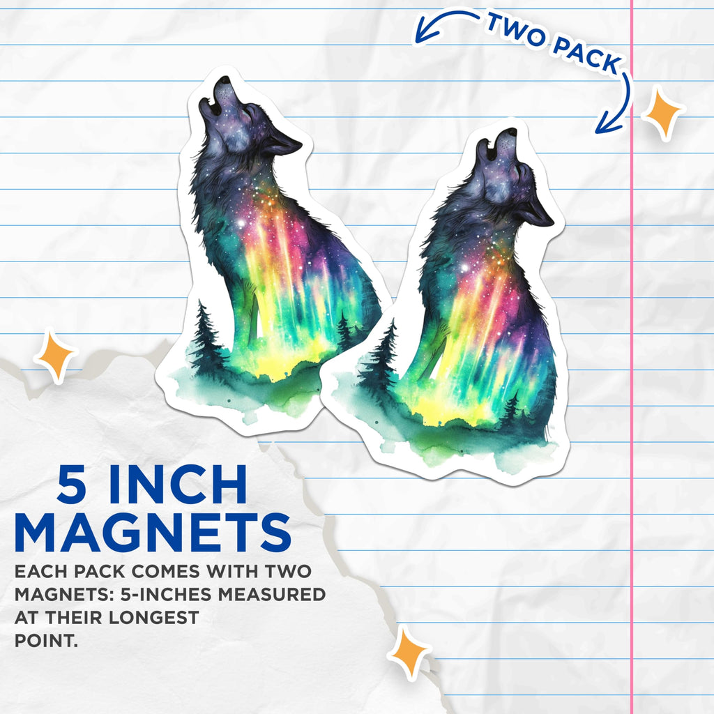 (2 Pack) Wolf Magnets - Northern Lights Decor - Galaxy Wolf Refrigerator Magnets - 5" On Longest Side - Premium Magnet - for Cars, Refrigerators, Toolboxes, Lockers - Made in USA - MAG15921
