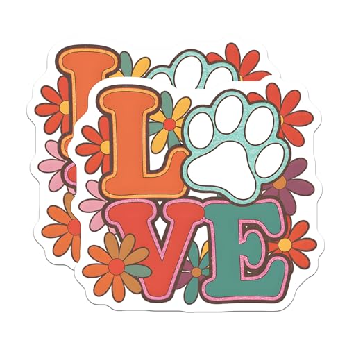 (2 Pack) Love Paw Print Stickers - Dog Lover Stickers - Cute Floral Animal Decals - 5" On Longest Side - Sticks to Smooth Flat Surfaces - Made in USA - BMCS7045