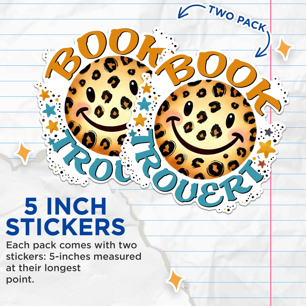 (2 Pack) Book Trovert Stickers - Leopard Face Stickers - Book Lover Smile Stickers - Reading Addict Stickers - 5" On Longest Side - Sticks to Any Smooth Flat Surface - Made in USA - BMCS2746