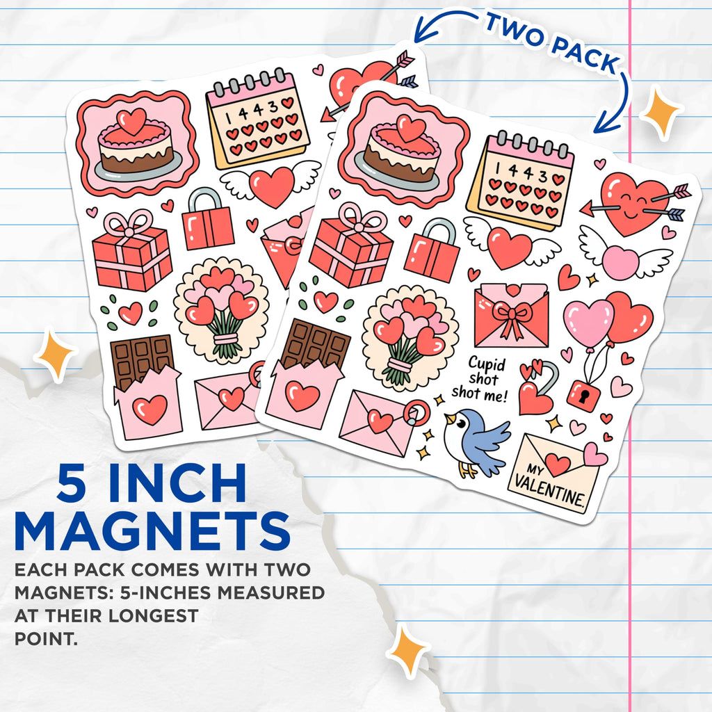 (2 Pack) Valentine Magnets - Hearts and Love - Cute Cupid Design Fridge Decorations - 5" On Longest Side - Premium Magnet - for Cars, Refrigerators, Toolboxes, Lockers - Made in USA - MAG16966