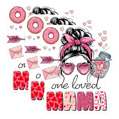 (3 Pack) One Loved Mama Decals - Messy Bun Mom - Heart Sunglasses Decal - 3 Inches On Longest Side - Easy Peel & Apply - Made in USA - 3MCS7238