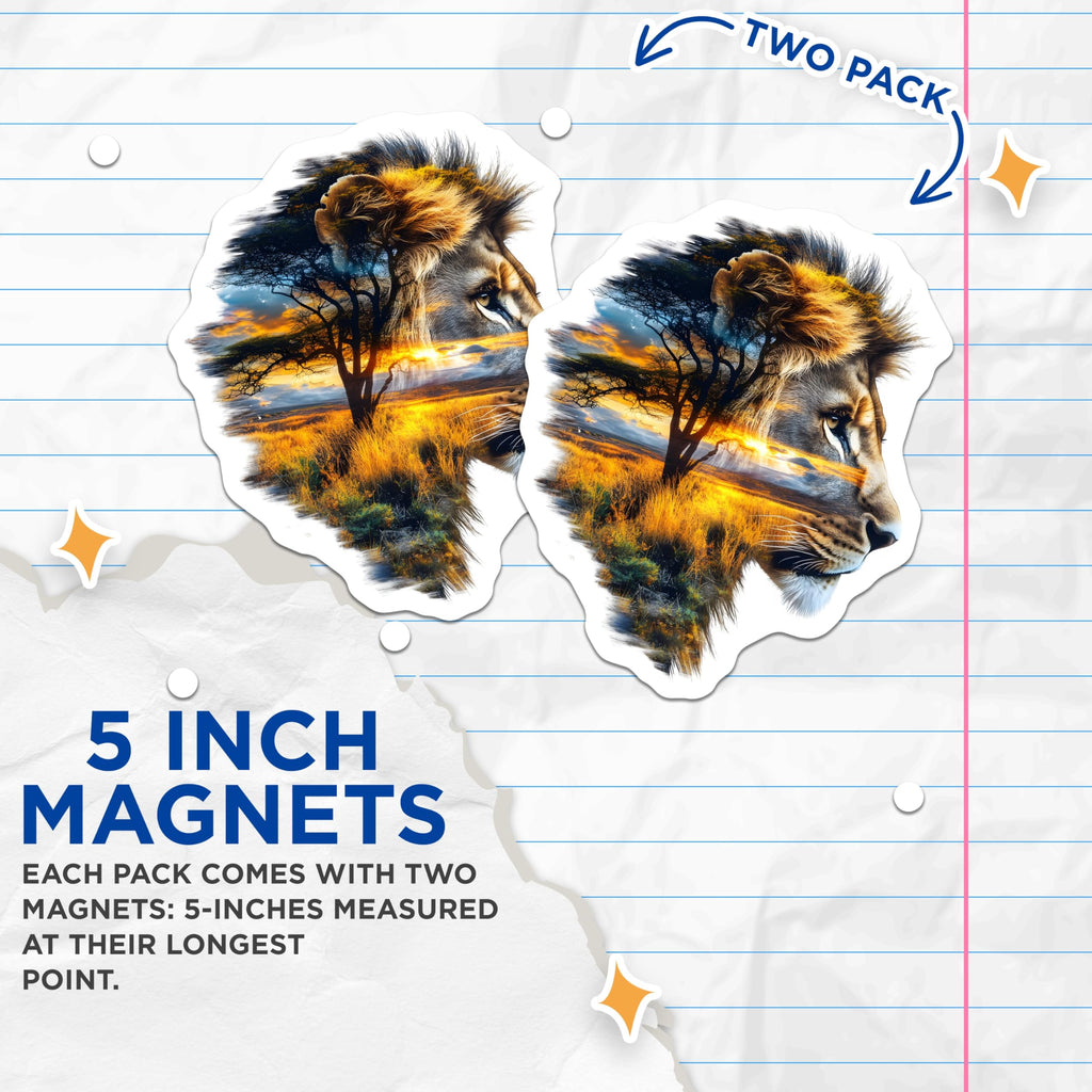 (2 Pack) Lion Magnets - Sunset Safari Landscape - Artistic Fridge Decor - 5" On Longest Side - Premium Magnet - for Cars, Refrigerators, Toolboxes, Lockers - Made in USA - MAG14220
