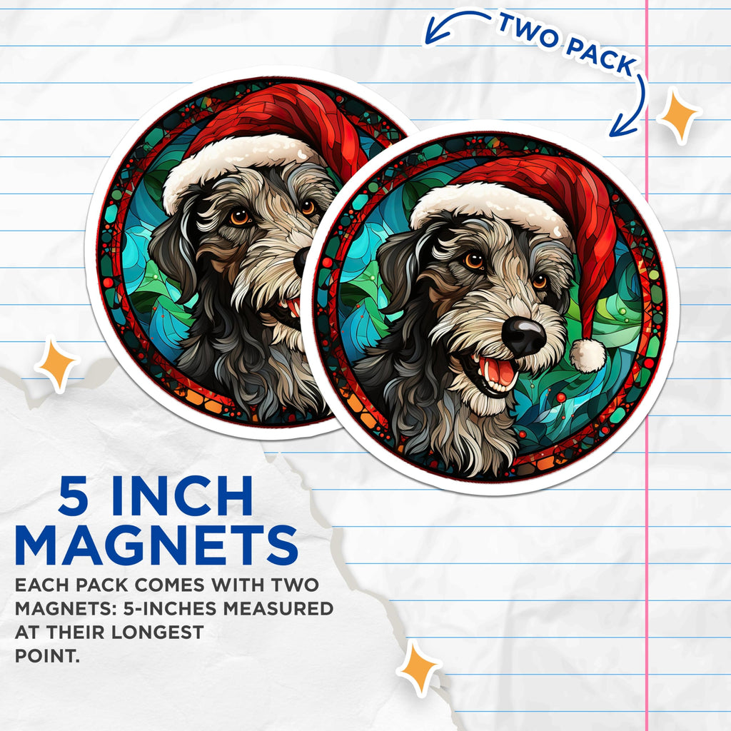 (2 Pack) Festive Christmas Dog Magnets for Refrigerator - Santa Hat Terrier Stained Glass Art - Merry Holiday Puppy Pet Decor - 5 Inches On Longest Side - Thick Durable Magnet - Made in USA - MAG24945