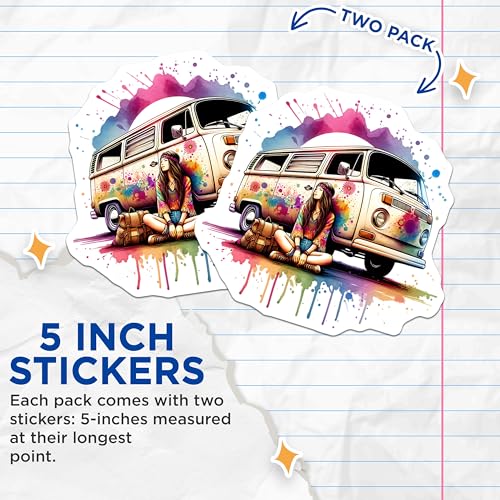 (2 Pack) Retro Hippie Van Stickers - Boho Van - Colorful Van Sticker - 5" On Longest Side - Sticks to Smooth Flat Surfaces - Made in USA - BMCS8834