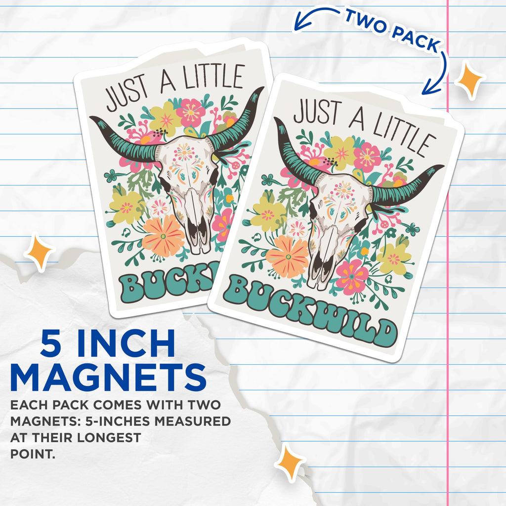 (2 Pack) Buckwild Steer Skull Magnets - Floral Western Boho Decor - Free Spirit Animal Skull Art - 5 Inches On Longest Side - Thick Durable Magnet - Made in USA - MAG22426