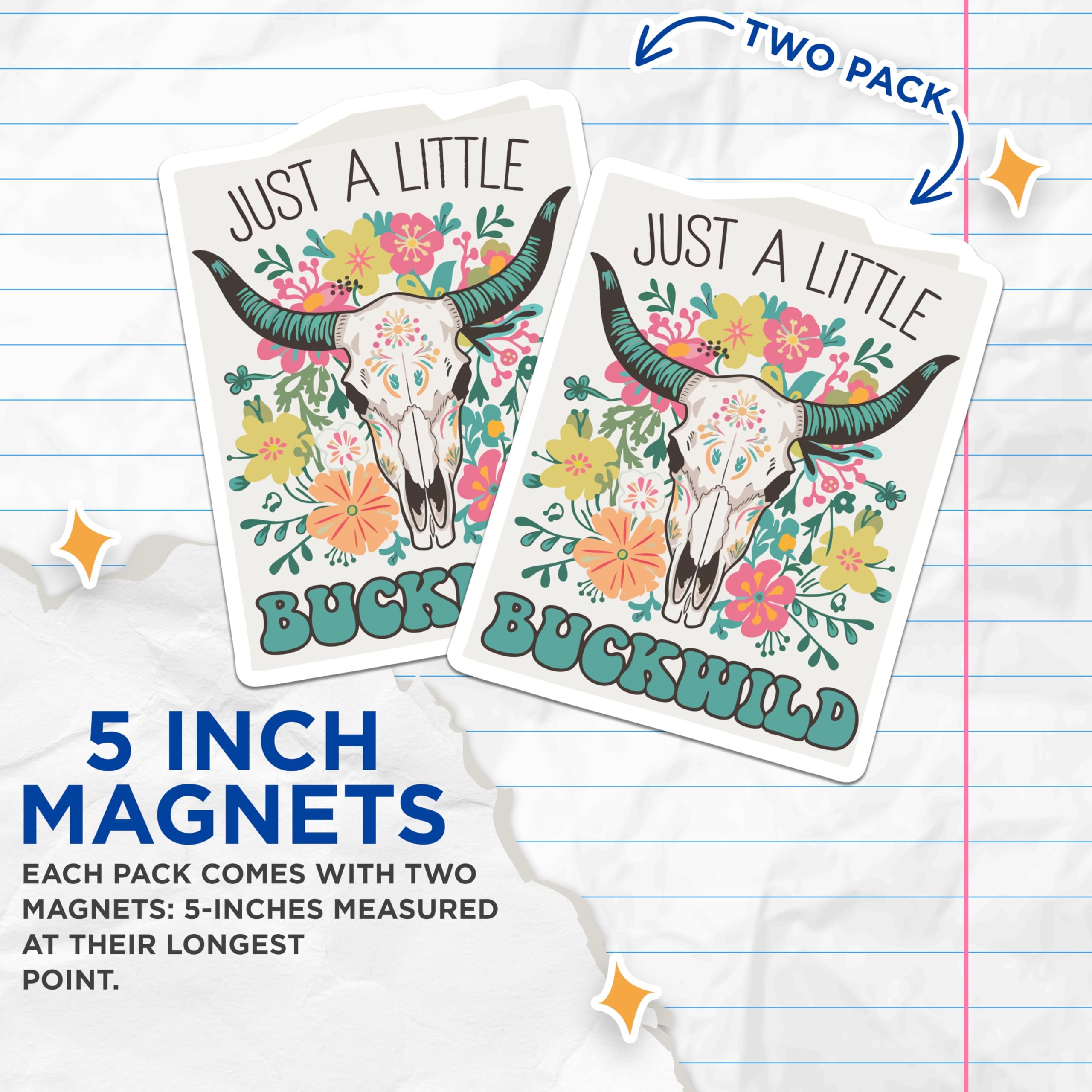 (2 Pack) Buckwild Steer Skull Magnets - Floral Western Boho Decor - Free Spirit Animal Skull Art - 5 Inches On Longest Side - Thick Durable Magnet - Made in USA - MAG22426