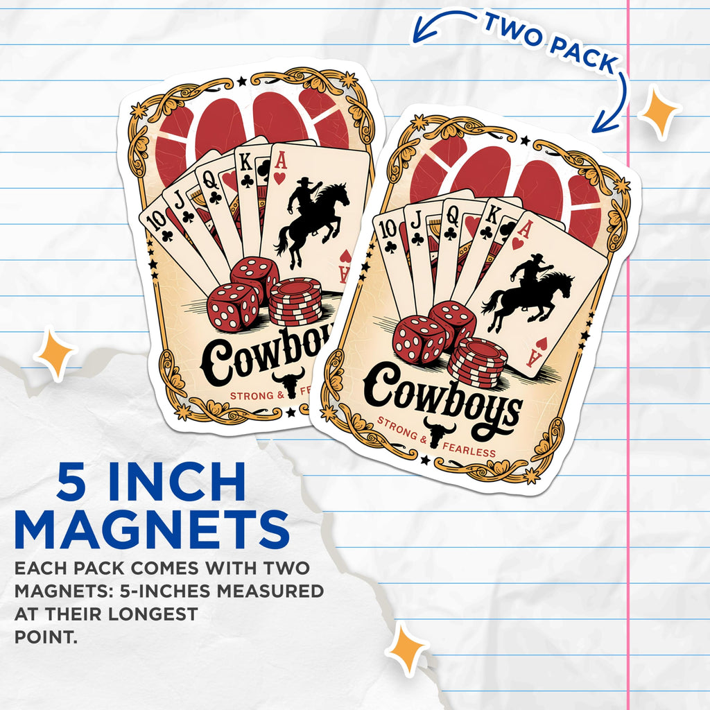 (2 Pack) Cowboy Poker Magnets - Western Playing Card Art - Wild West Casino Decor - Rodeo Dice Game Room Fridge Accents - 5 Inches On Longest Side - Thick Durable Magnet - Made in USA - MAG22367