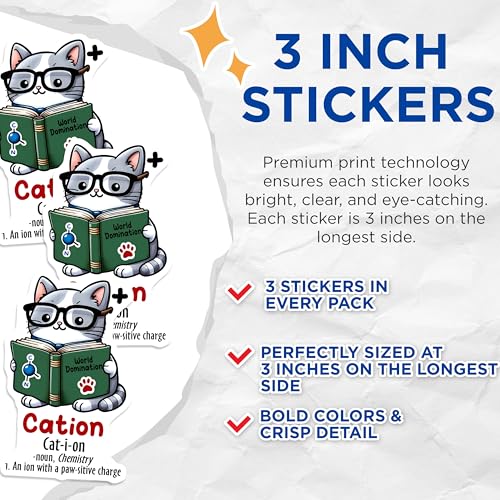 (3 Pack) Cation Cat Decals - Chemistry Pun Stickers - Funny Cat Scientist Laptop Decal - 3 Inches On Longest Side - Easy Peel & Apply - Made in USA - 3MCS6791