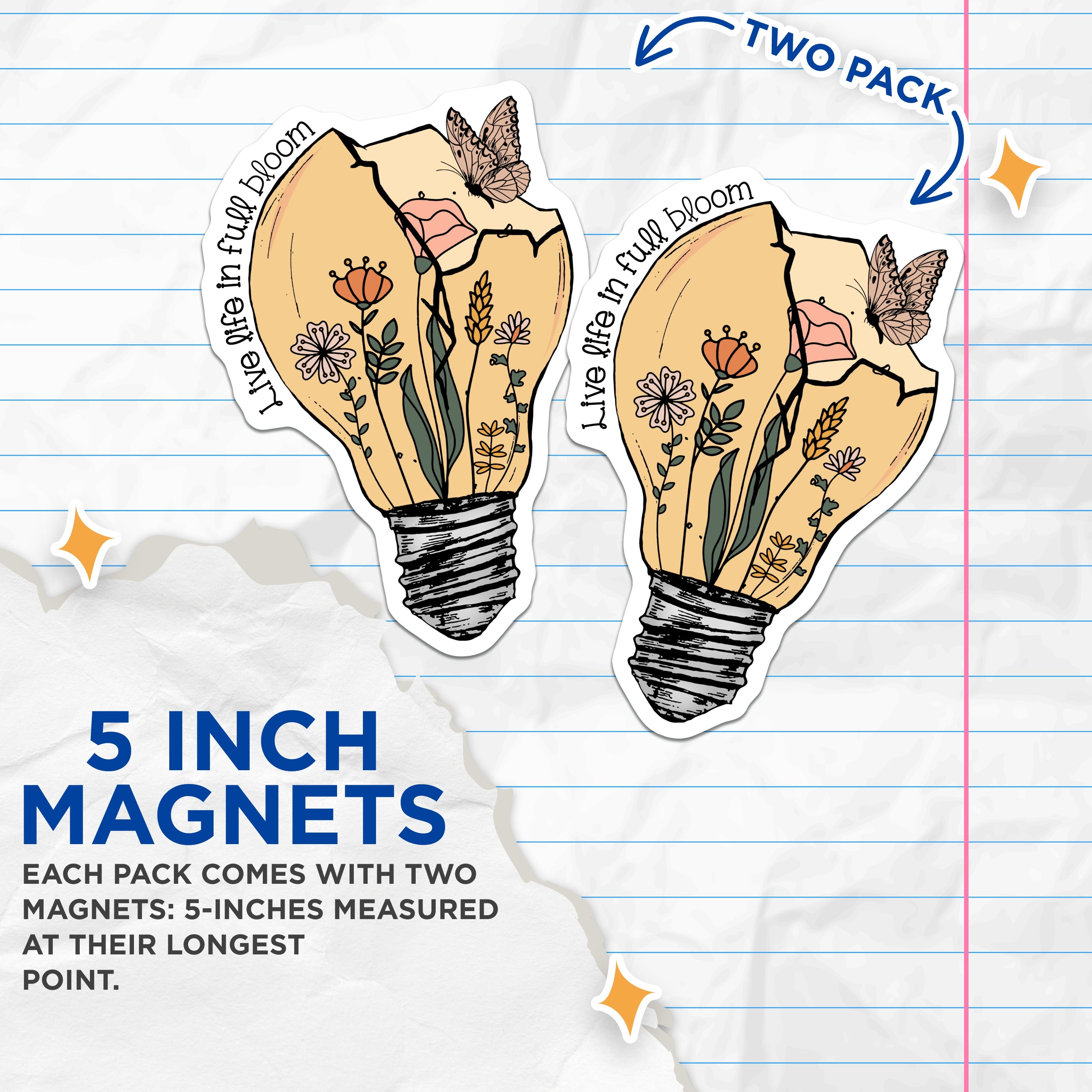 (2 Pack) Lightbulb Flower Magnets - Live in Full Bloom Art - Positive Quote Decor - Plant Lover - 5 Inches On Longest Side - Thick Durable Magnet - Made in USA - MAG38781