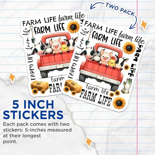 (2 Pack) Farm Life Stickers - Cute Animal Stickers - Red Truck Stickers - 5" On Longest Side - Sticks to Smooth Flat Surfaces - Made in USA - BMCS9669