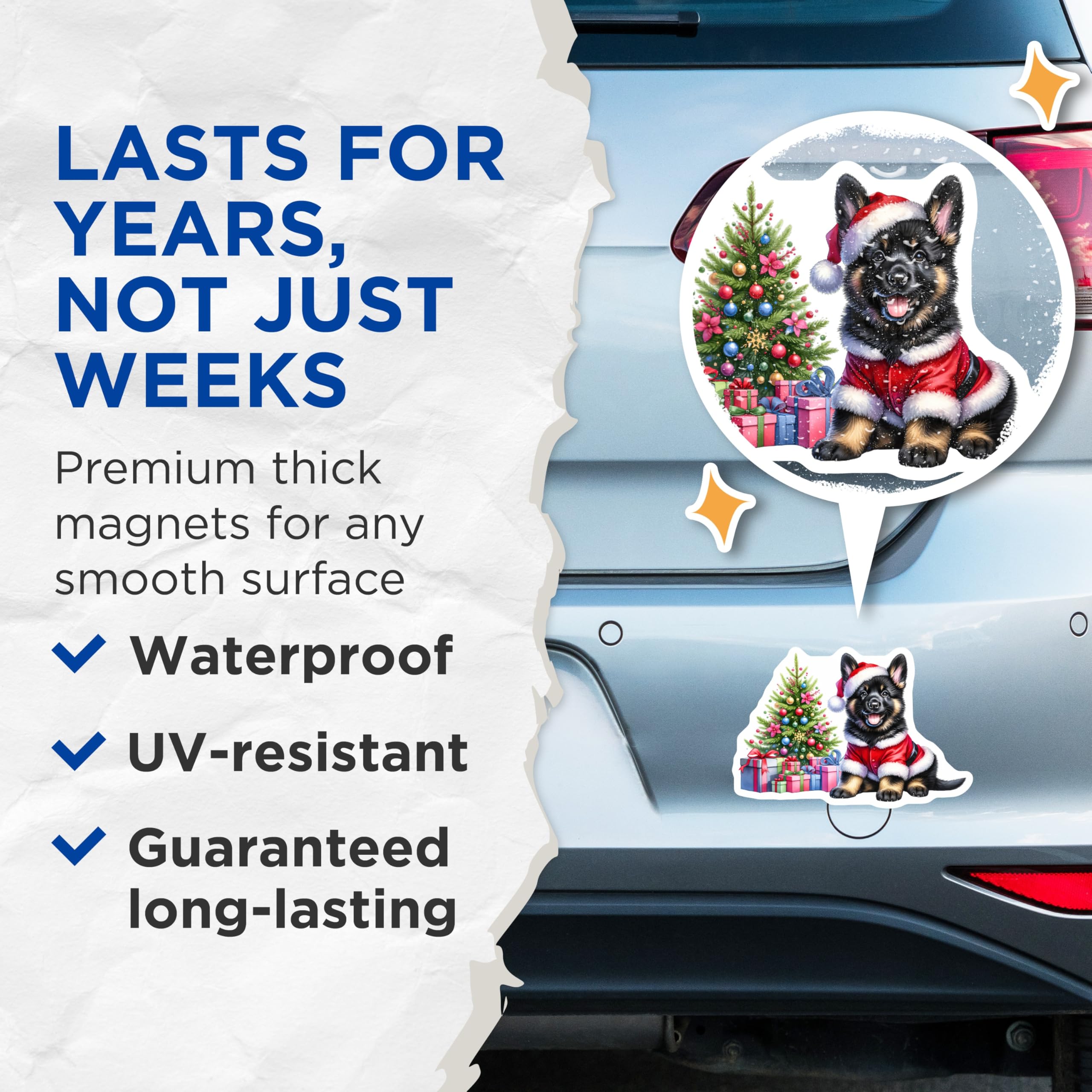 (2 Pack) German Shepherd Puppy Magnets - Christmas Holiday Decor - Santa Dog Puppy Present - 5 Inches On Longest Side - Thick Durable Magnet - Made in USA - MAG23539