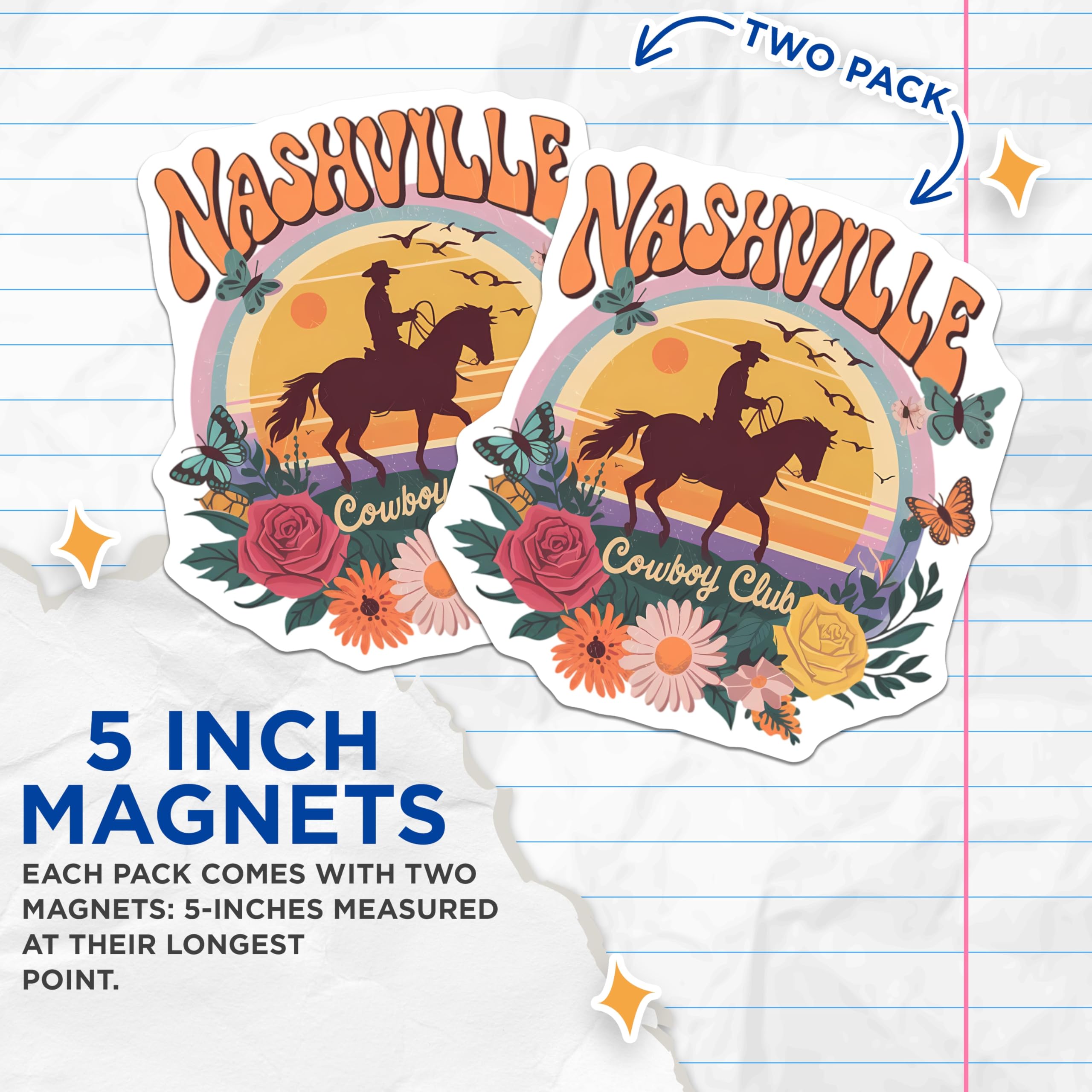 (2 Pack) Nashville Cowboy Club Magnets - Retro Western Aesthetic - Boho Floral Sunset Decorations - 5 Inches On Longest Side - Thick Durable Magnet - Made in USA - MAG21610